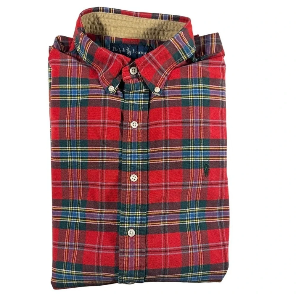 Polo Ralph Lauren Men's Red Tartan Button Down Shirt Long Sleeve Corduroy Trim